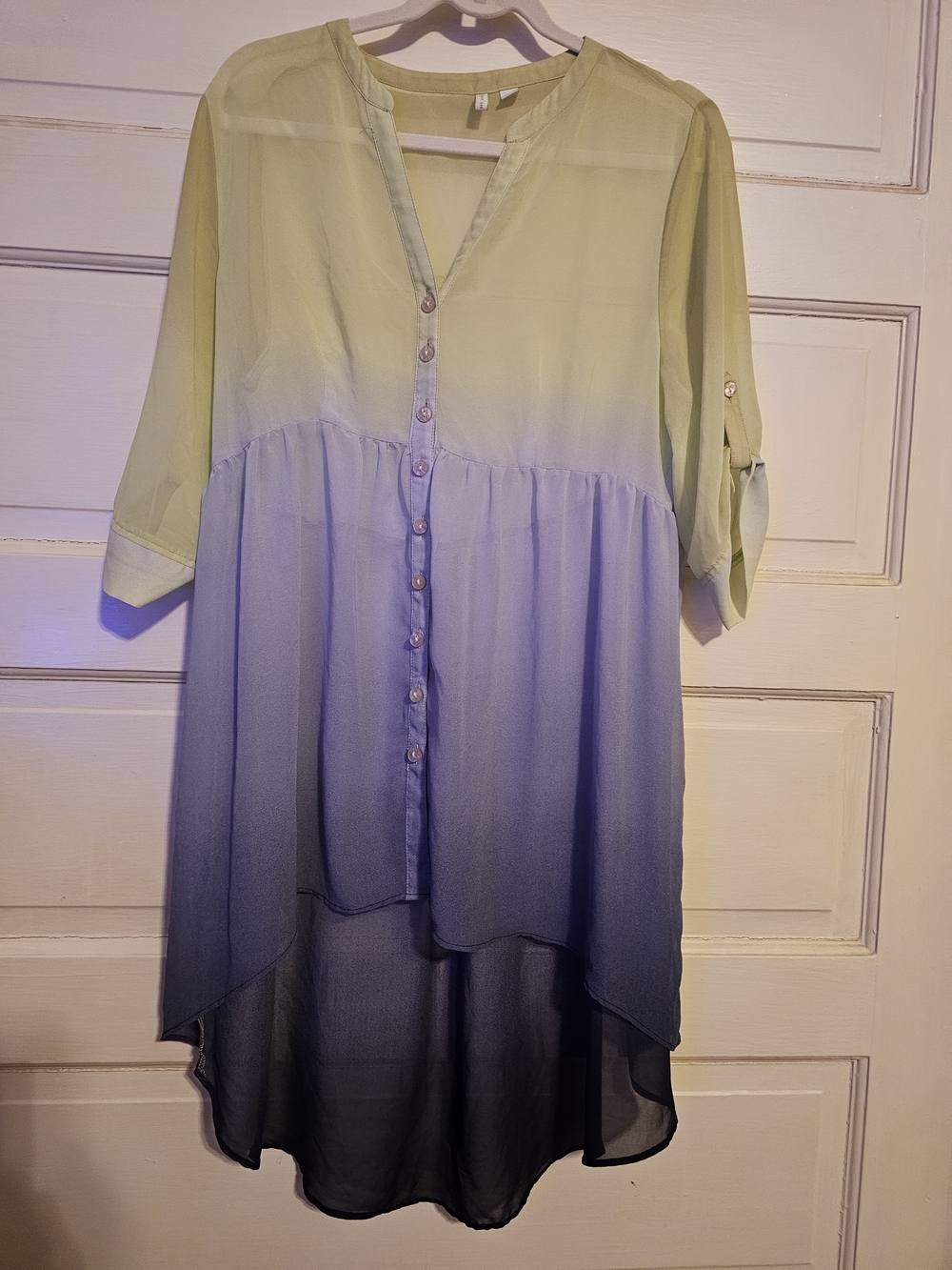 Cato Sheer Ombre Button-Front Hi-Low Blouse — Lime Green to Navy Large